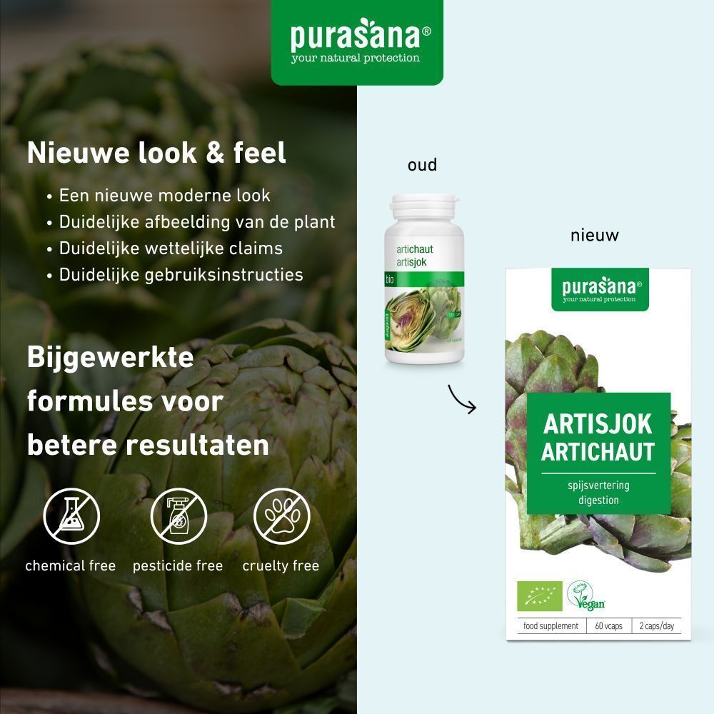 Vergelijking: oude en nieuwe verpakking. Fles en doos met groen etiket. Opschrift: Artisjok.