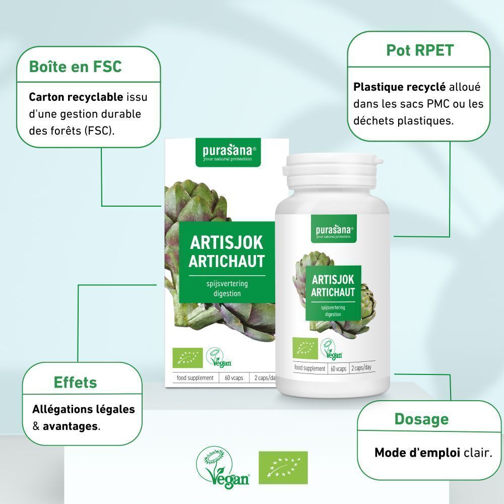 Emballage du produit avec informations. Flacon et boîte avec étiquette verte. Inscription : Artichaut, vegan.