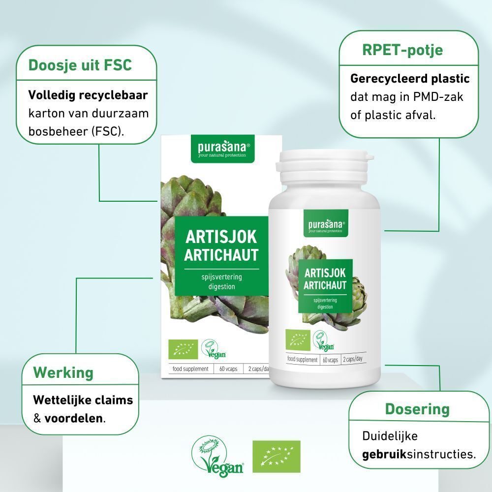 Productverpakking met informatie. Fles en doos met groen etiket. Opschrift: Artisjok, vegan.