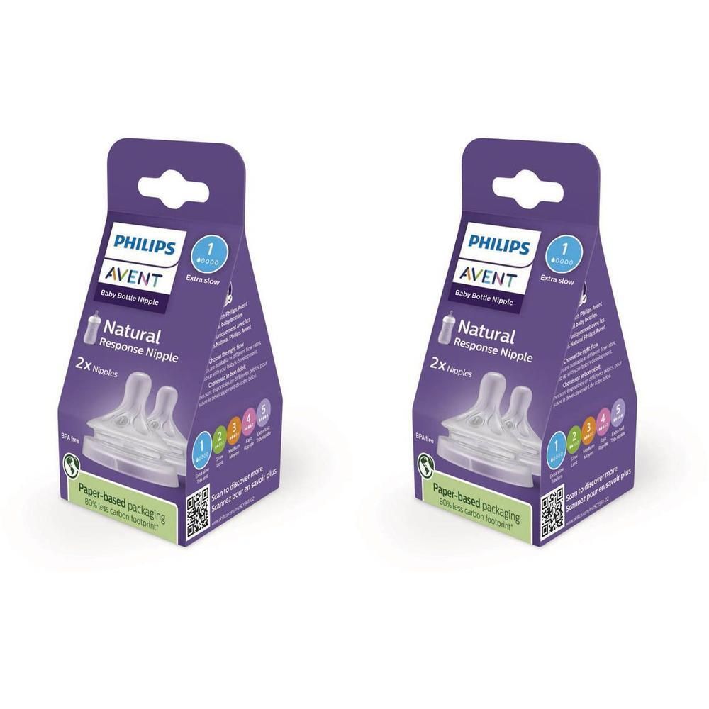 Deux boîtes de tétines Philips Avent. L'emballage affiche le nom du produit, la marque et le nombre de tétines.