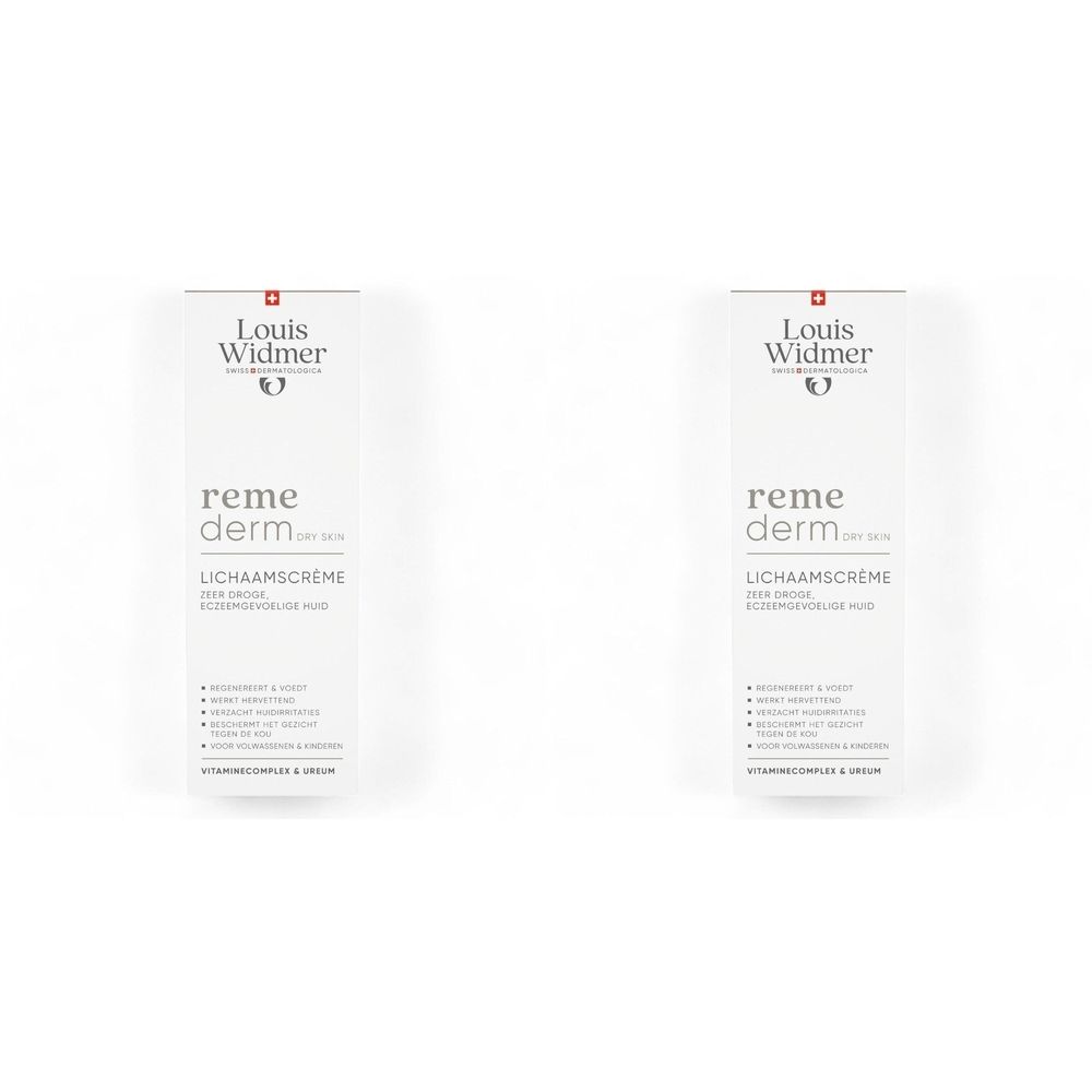Twee witte vouwdozen met productopdruk. Logo: Louis Widmer. Tekst: Remederm, Lichaamscrème, voor de droge, schrale huid.