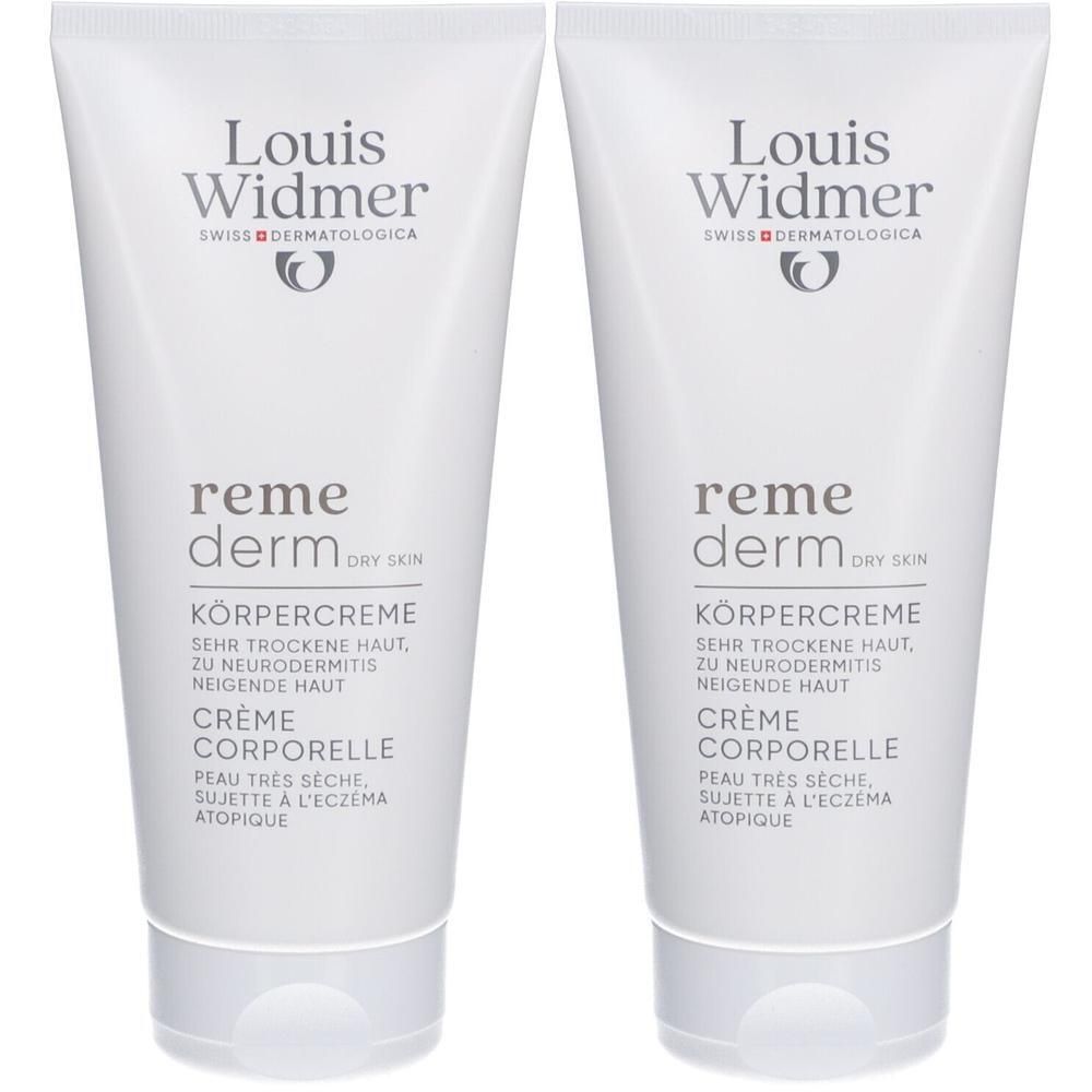 Twee tubes Louis Widmer Crème Corporelle. Witte tubes met logo en tekst. Productnaam en tekst in het Duits en Frans.