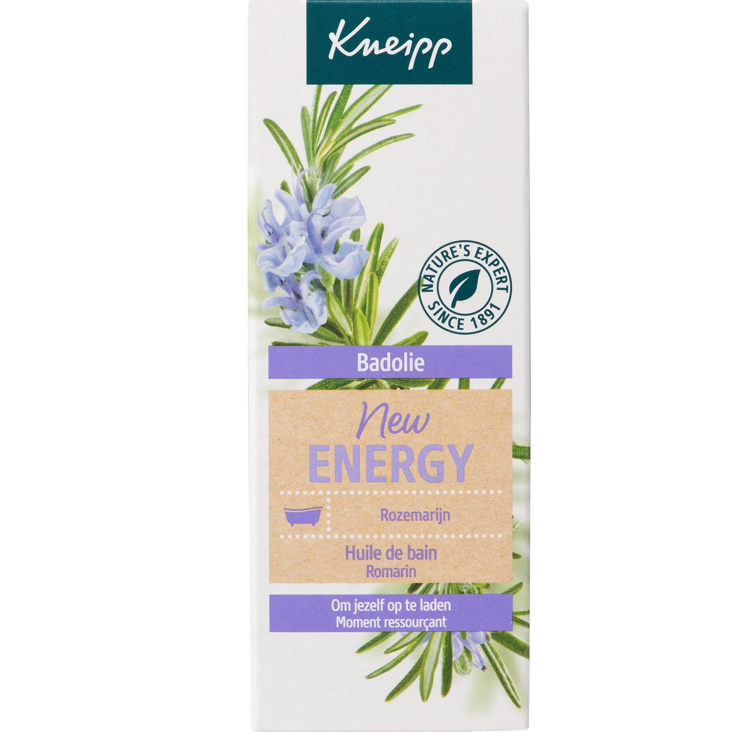 Une boîte rectangulaire avec illustrations d'herbes et texte : Kneipp, New Energy, Badolie, Romarin. Avec logo.