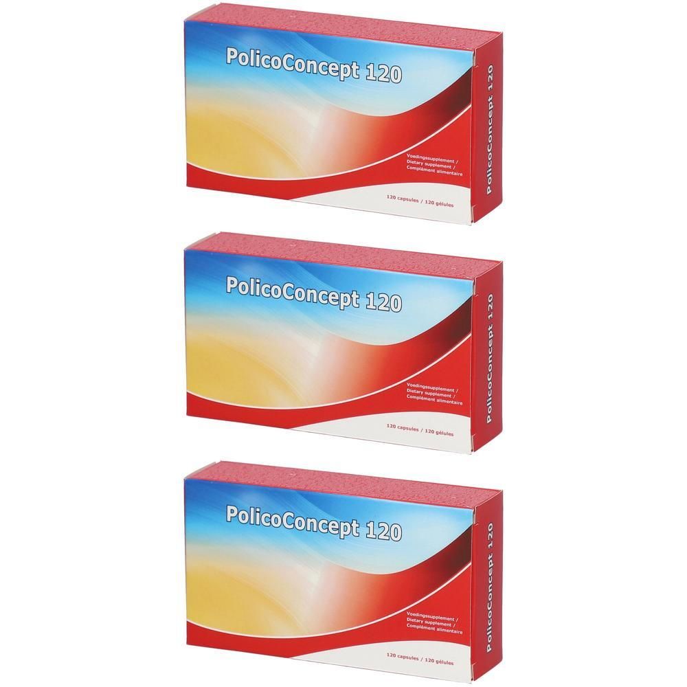 Trois boîtes "Policoconcept 120". Emballage rouge et blanc avec texte bleu. Contient 120 gélules.
