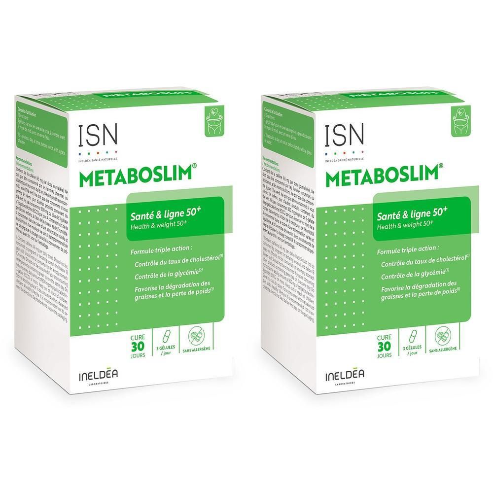 Twee witte dozen met groene accenten. Opschrift: ISN METABOSLIM, Santé & ligne 50+. Bevat 30 capsules. Merk: INELDEA.