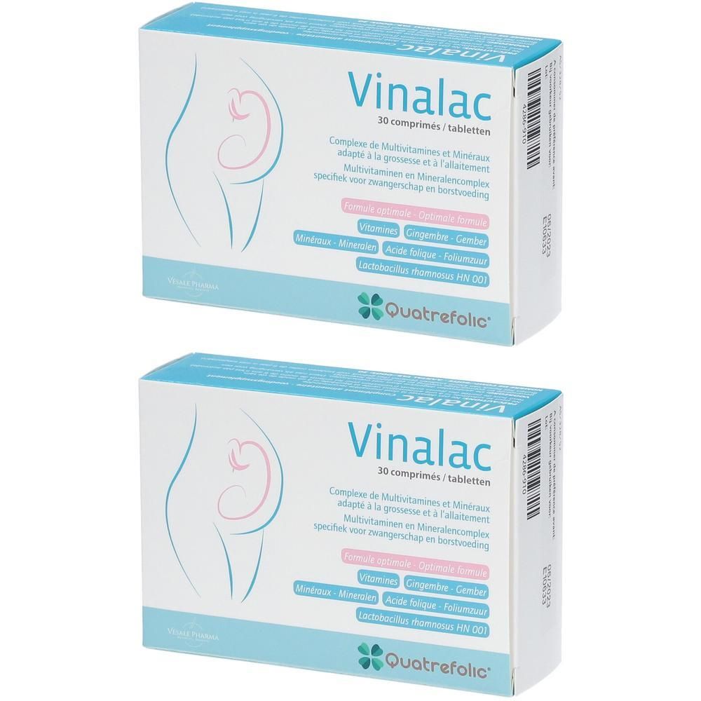 Deux boîtes de Vinalac. Inscription: 30 comprimés/tabletten. Illustration d'une femme enceinte. Marque Quatrefolic.