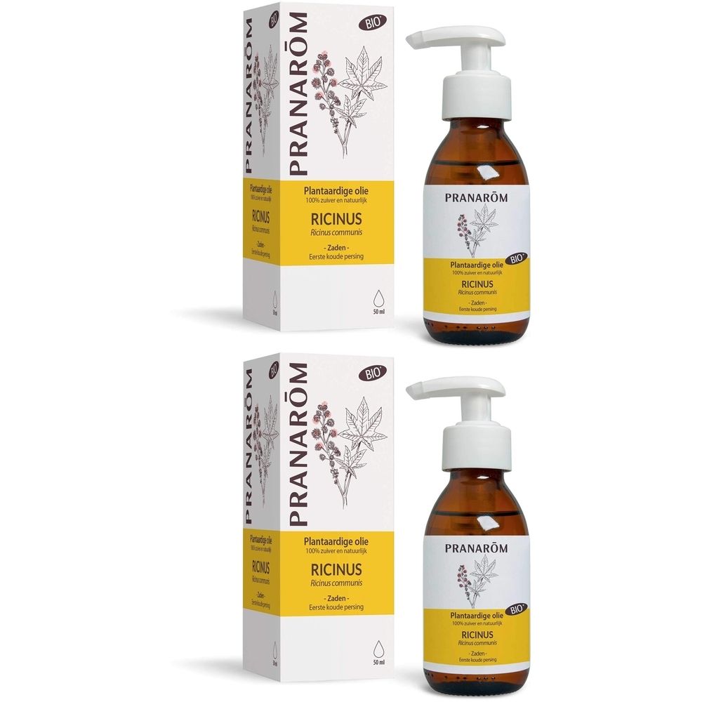 Twee flessen met pomp en twee dozen. Opschrift: Pranarôm, Ricinus, Bio.