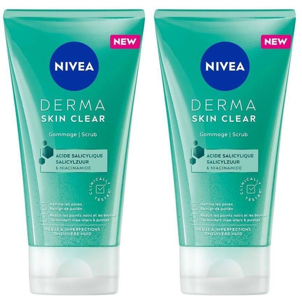 Deux tubes de NIVEA Derma Skin Clear Gommage. Emballage turquoise avec texte blanc. Contient acide salicylique et niacinamide.