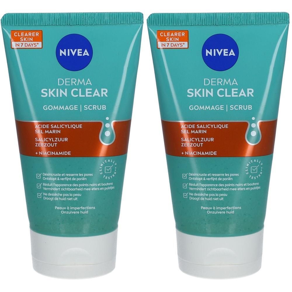 Twee tubes NIVEA Derma Skin Clear Gommage. Turquoise tubes met witte dop. Productnaam en ingrediënten gedrukt.