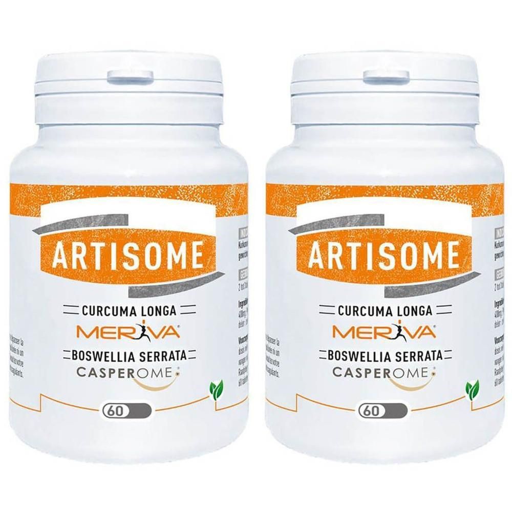 Twee witte flessen met oranje etiketten. De etiketten tonen "ARTISOME", "CURCUMA LONGA", "MERIVA", "BOSWELLIA SERRATA" en "CASPEROME".