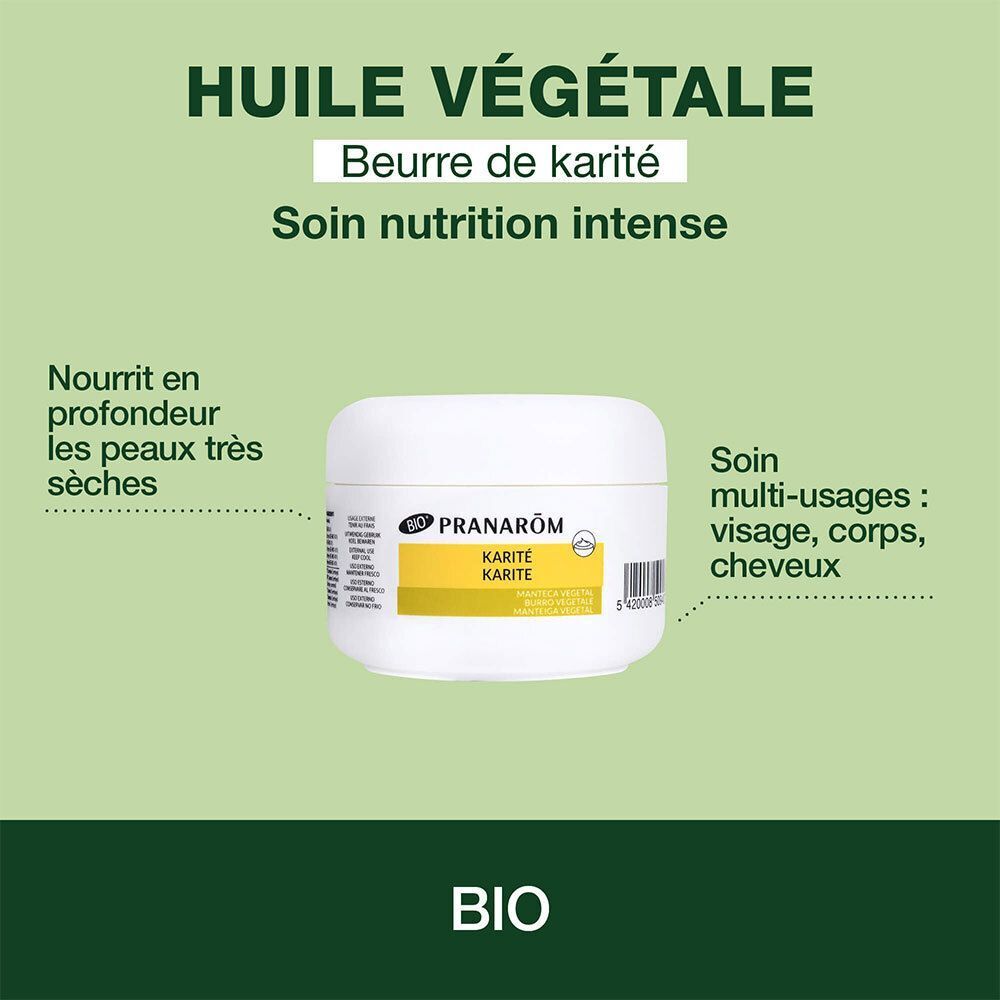 Pot blanc avec étiquette jaune. Inscription: Pranarôm Karité Karité. Texte: Huile Végétale. Label BIO.