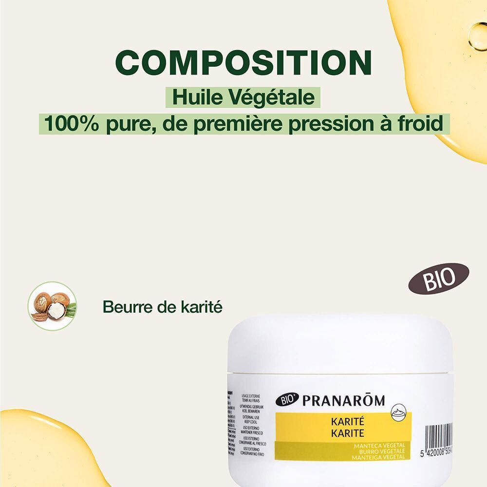 Texte sur fond vert: Huile végétale, beurre de karité. Certification Bio. Première pression à froid.