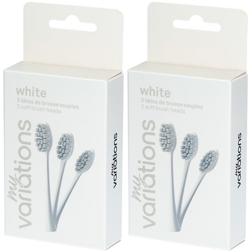 Deux boîtes blanches de têtes de brosse à dents. Inscription : white, 3 têtes souples. Marque : my variations.