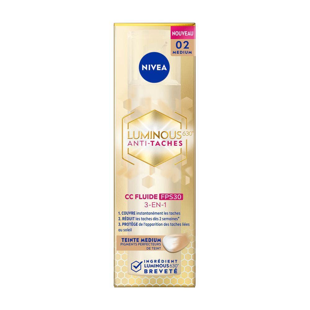 Nivea Cellular Luminous 630 CC Fluid Cream SPF30 Medium. Flacon blanc, détails dorés, logos bleus, emballage jaune.