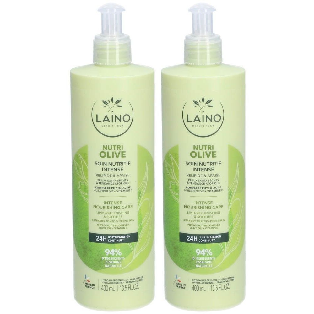Twee groene flessen met pomp. Opschrift: Laino, Nutri Olive, Soin Nutritif Intense. 400ml.