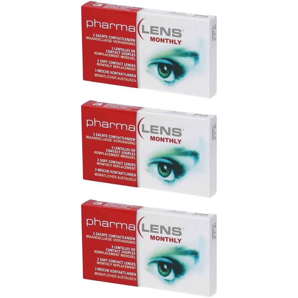 Trois boîtes de lentilles de contact Pharma Lens Monthly. Emballage rouge et blanc avec un motif d'œil. Texte en allemand, français et néerlandais.