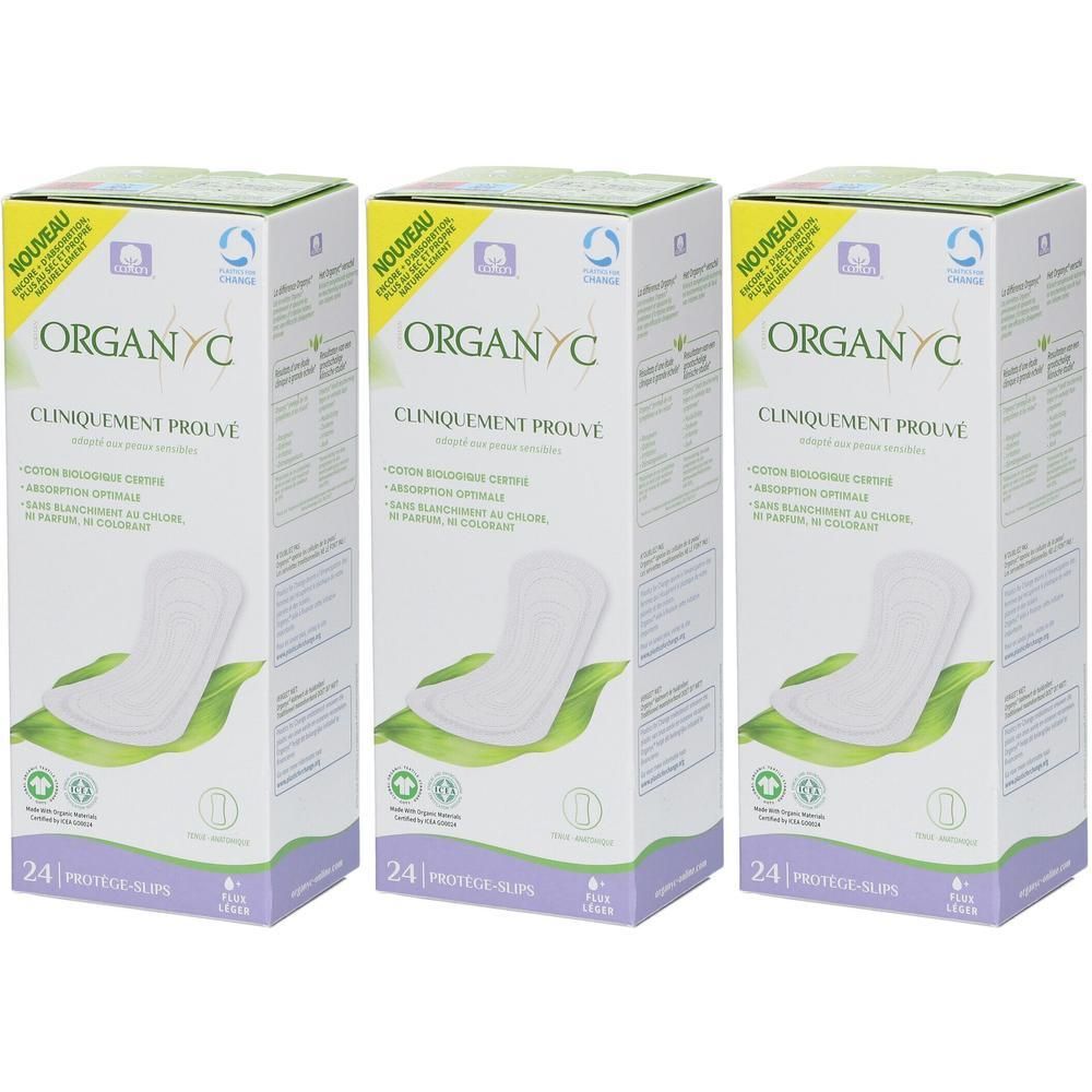 Drie dozen protège-slips. Elke doos toont "Organyc" en "Cliniquement Prouvé". Elke doos bevat 24 stuks.