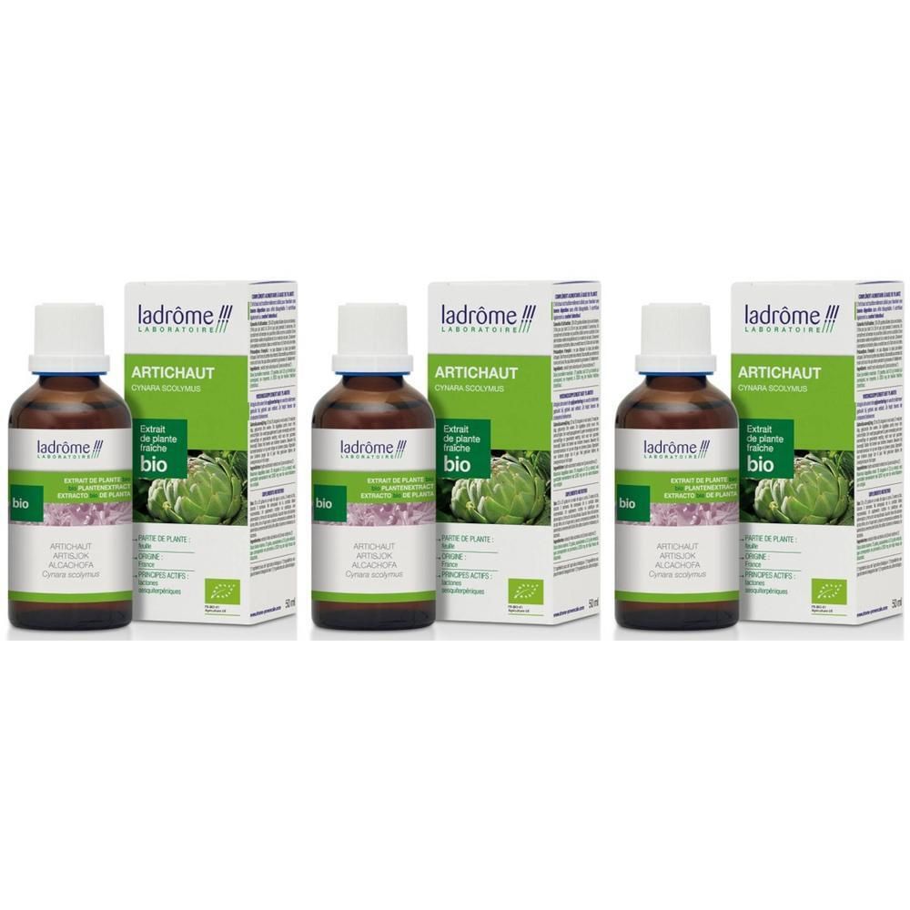 Drie flessen en verpakkingen. Opschrift: Ladrôme Artichaut Bio. Groen etiket met artisjok illustratie. Bruine glazen flessen.