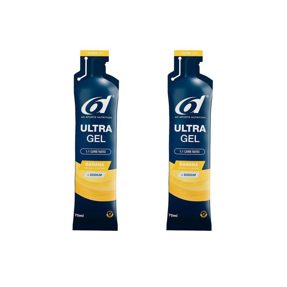 Deux sachets de 6d Ultra Gel. Emballage bleu avec des accents jaunes. Inscription: Ultra Gel, Banana + Sodium. 70ml.