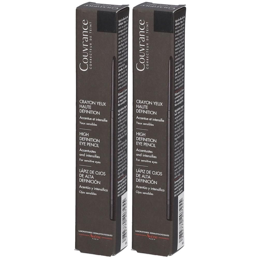 Twee zwarte potloden in rechthoekige verpakkingen. Opschriften: Couvrance, Crayon Yeux Haute Définition, High Definition Eye Pencil.