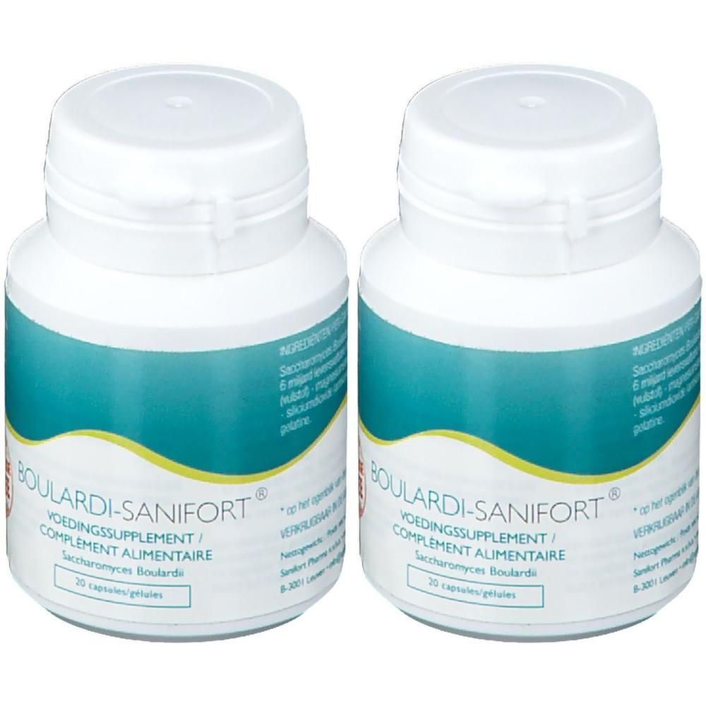 Twee witte flessen met blauw etiket. Opschrift BOULARDI-SANIFORT, VOEDINGSSUPPLEMENT/COMPLEMENT ALIMENTAIRE. 20 capsules.