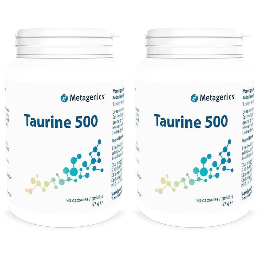 Deux flacons blancs avec l'inscription "Taurine 500" et le logo Metagenics. Chaque flacon contient 90 gélules.