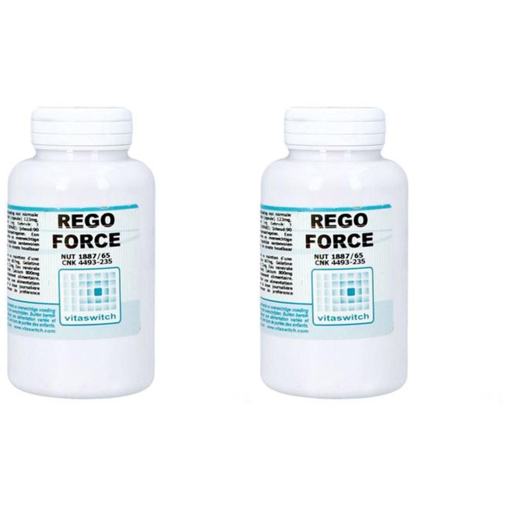 Twee witte flessen met etiketten. Op de etiketten staat "REGO FORCE" en "vitaswitch".