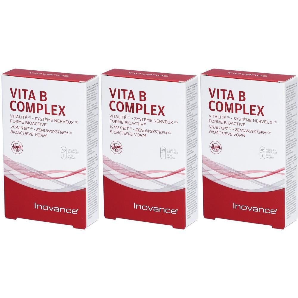 Drie dozen Inovance Vita B Complex. Witte verpakking met rode accenten. Opschrift: Vita B Complex, Inovance.