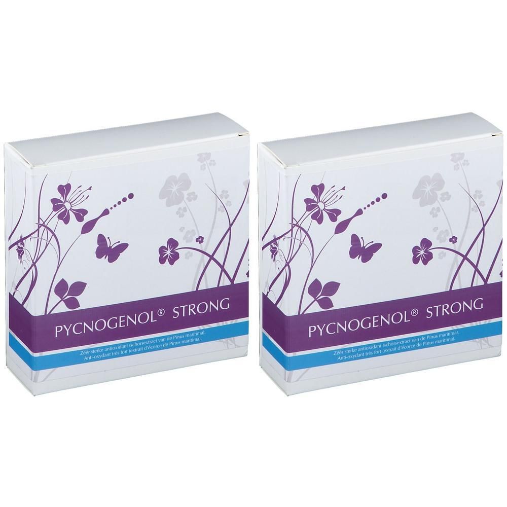 Twee witte dozen met paarse bloemmotieven en de tekst "PYCNOGENOL® STRONG". Blauwe strepen onderaan.