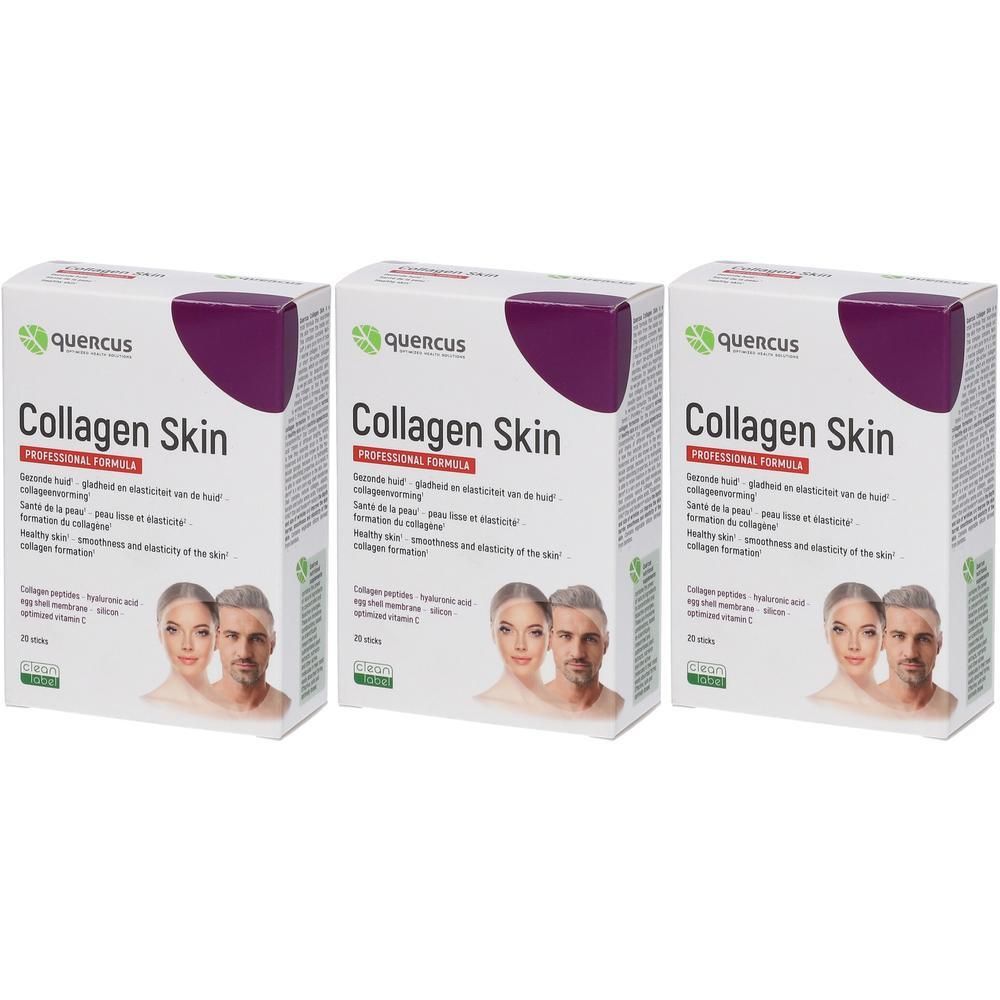 Trois boîtes de Quercus Collagen Skin. Inscription : Collagen Skin Professional Formula. Image d'un homme et d'une femme. 30 sachets.