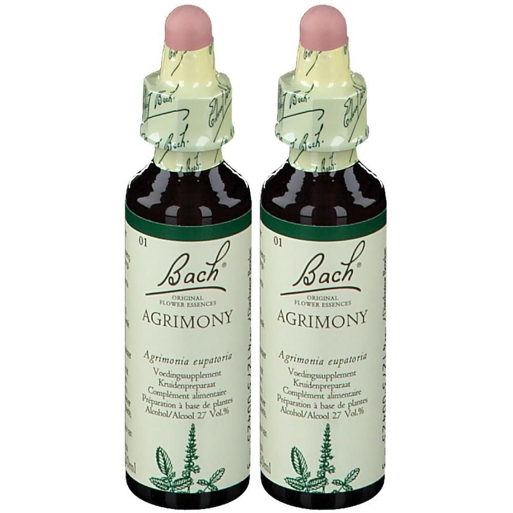 Twee flessen bruine vloeistof. Opschrift: Bach Original Flower Essences Agrimony. Met druppelaar en papieren etiket.