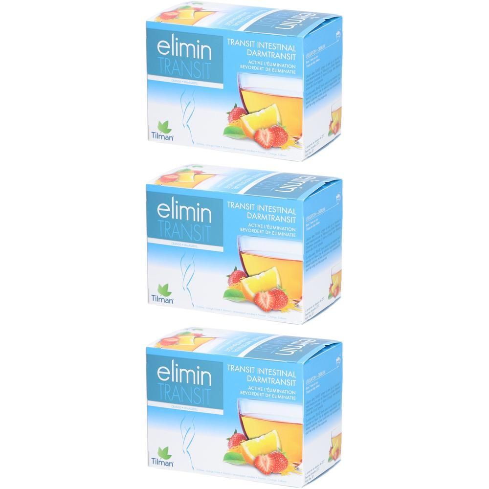 Drie dozen elimin Transit. Blauwe verpakking met productnaam en afbeelding van fruit en drank. Merk: Tilman.