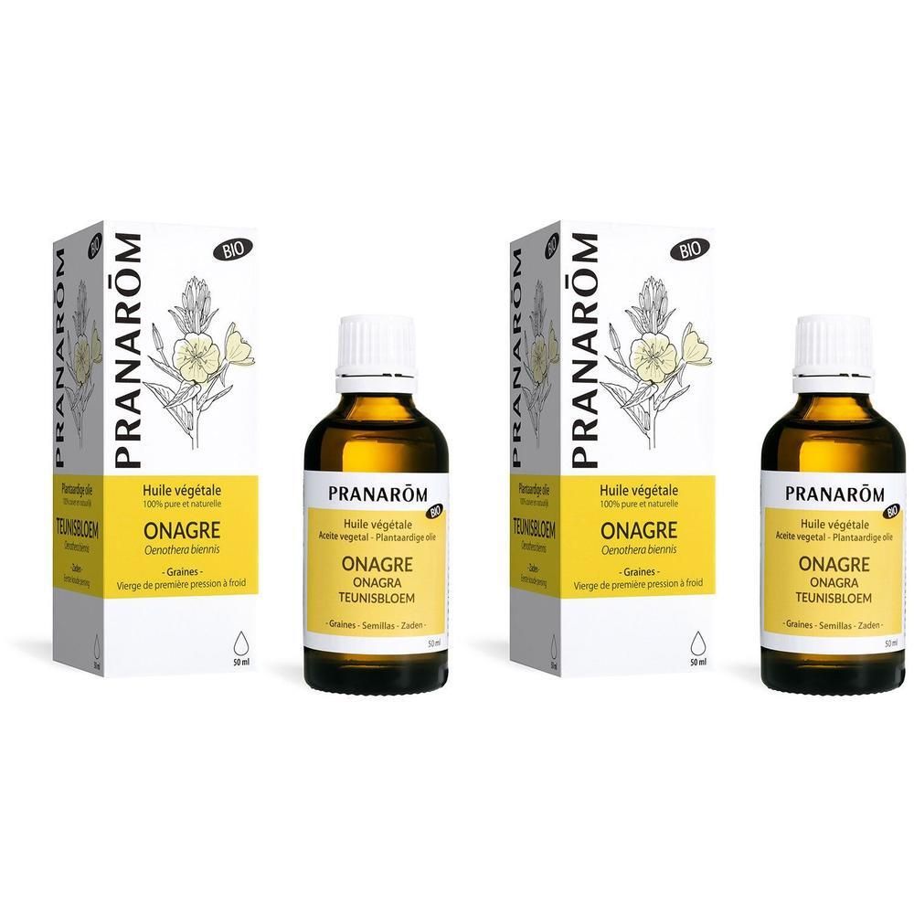 Trois flacons et boîtes d'huile Pranarôm Onagre. L'emballage montre une fleur et le label bio. Onagre est écrit sur les flacons.