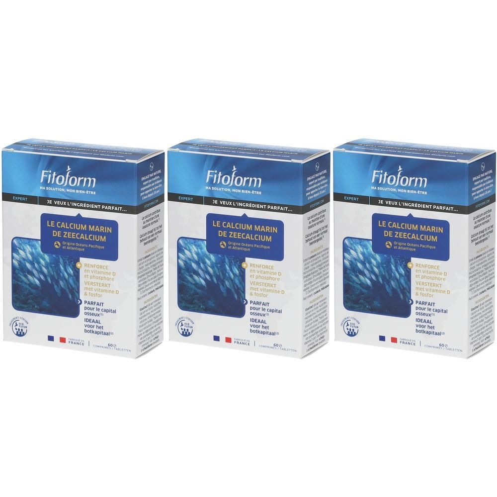 Trois boîtes de Fitoform Calcium Marin. Emballage bleu et blanc avec nom et logo du produit. Drapeau français.