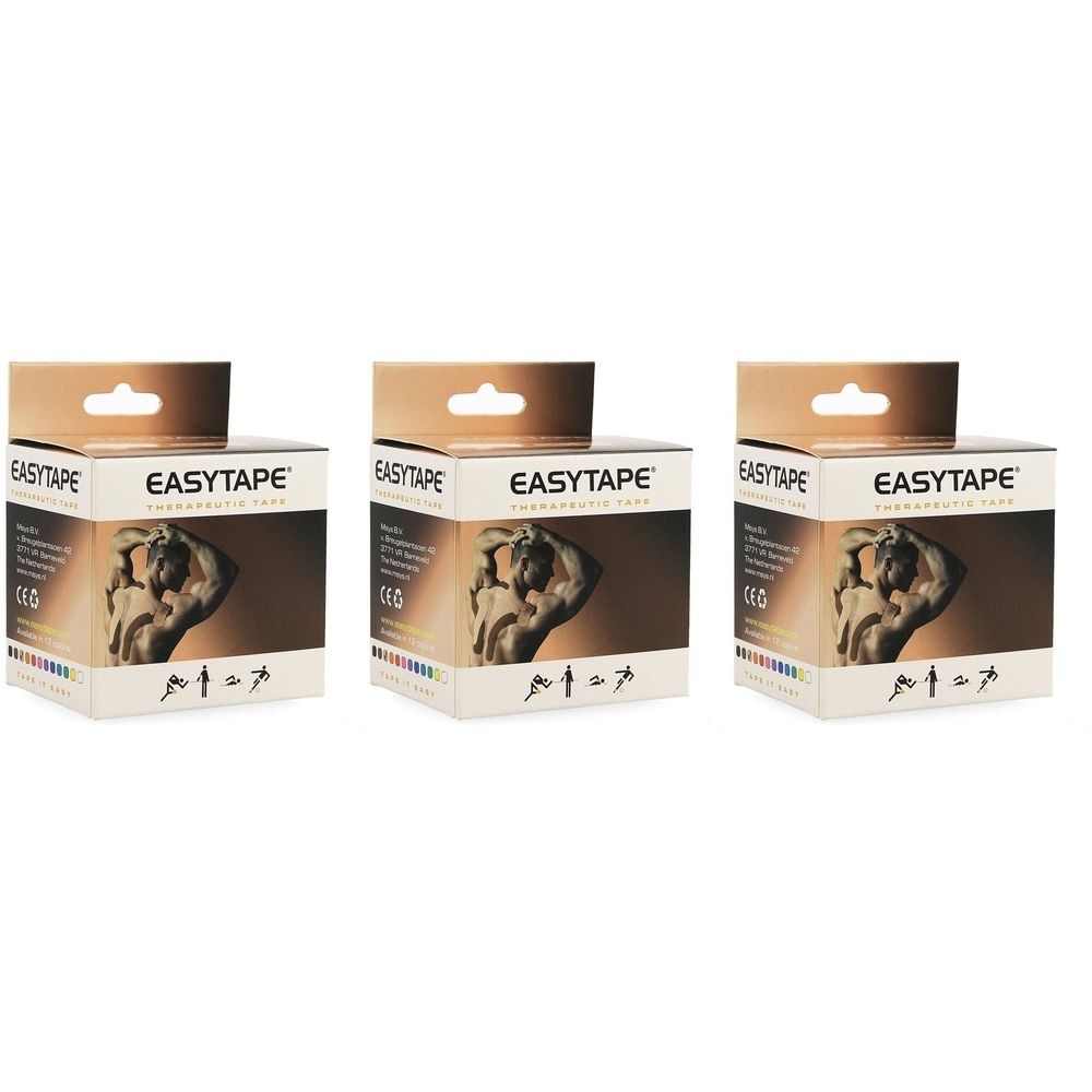 Drie productverpakkingen met het EASYTAPE-logo. De witte dozen met bruine accenten tonen een afbeelding van een menselijk lichaam.