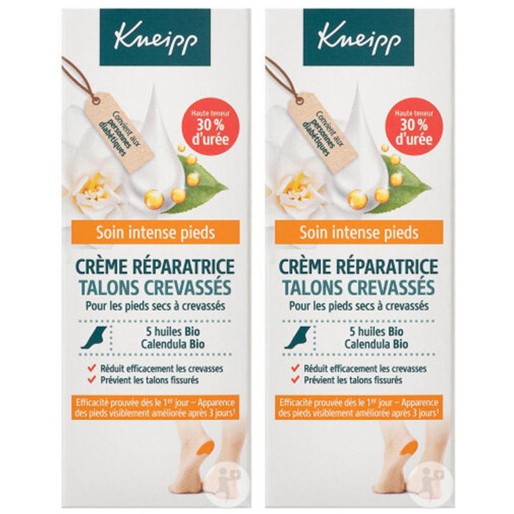 Deux tubes de Crème Réparatrice Talons Crevassés Kneipp. Emballage blanc avec nom et informations. Pour pieds secs et crevassés.