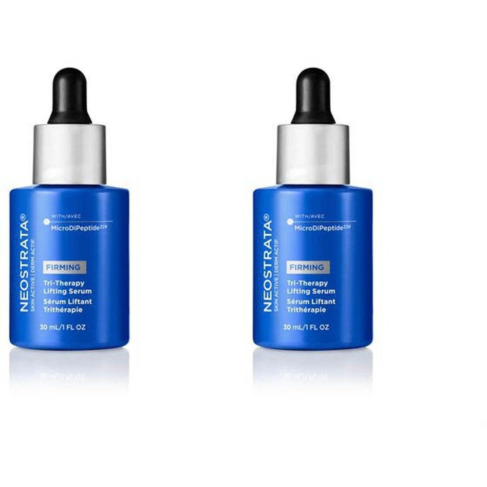 Deux flacons bleus avec pipette noire. Inscription : Neostrata, Sérum Liftant Trithérapie.
