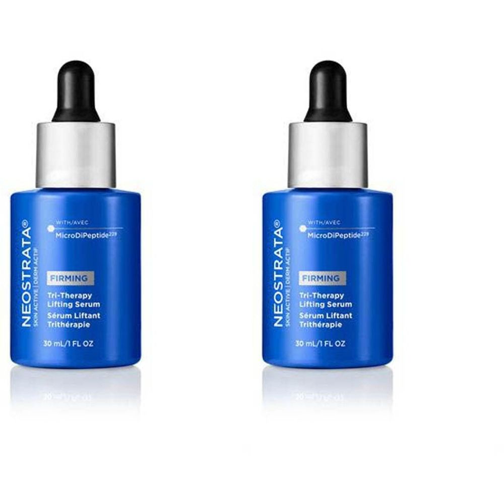Twee blauwe flessen met zwarte pipet. Opschrift: Neostrata, Firming Tri-Therapy Lifting Serum.