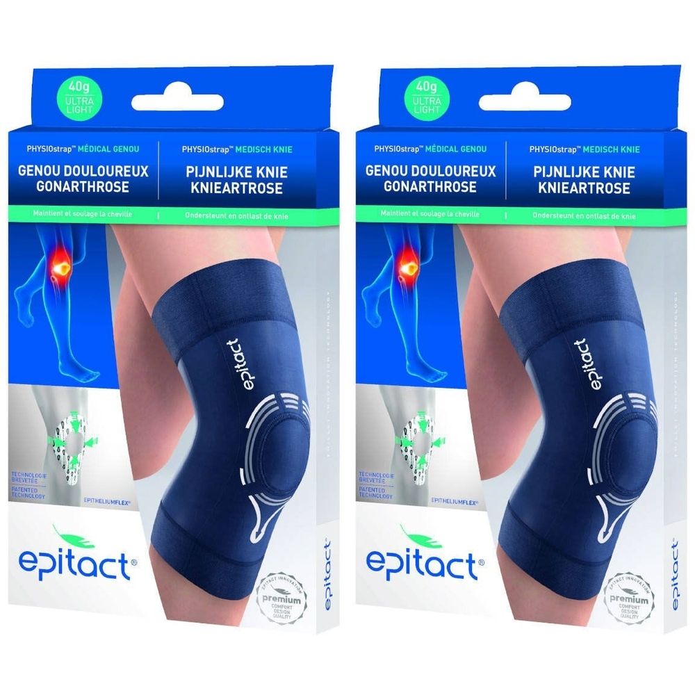 Deux genouillères Epitact Sport en emballage. Bandages bleus avec logo et détails blancs. Texte: Gonarthrose.