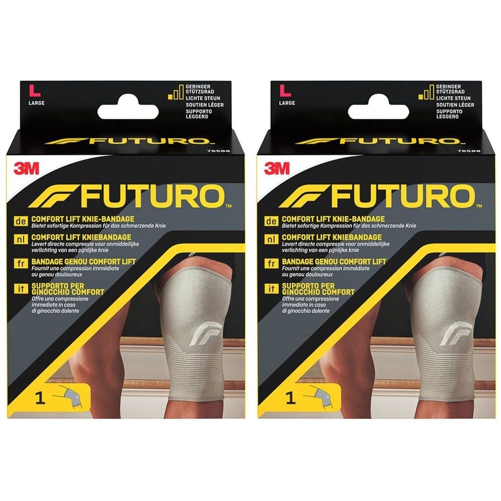 Twee verpakkingen FUTURO Comfort Lift kniebandage. Opschrift: Comfort Lift Knie-Bandage. Maat L. 3M logo. Beige bandage op de knie.