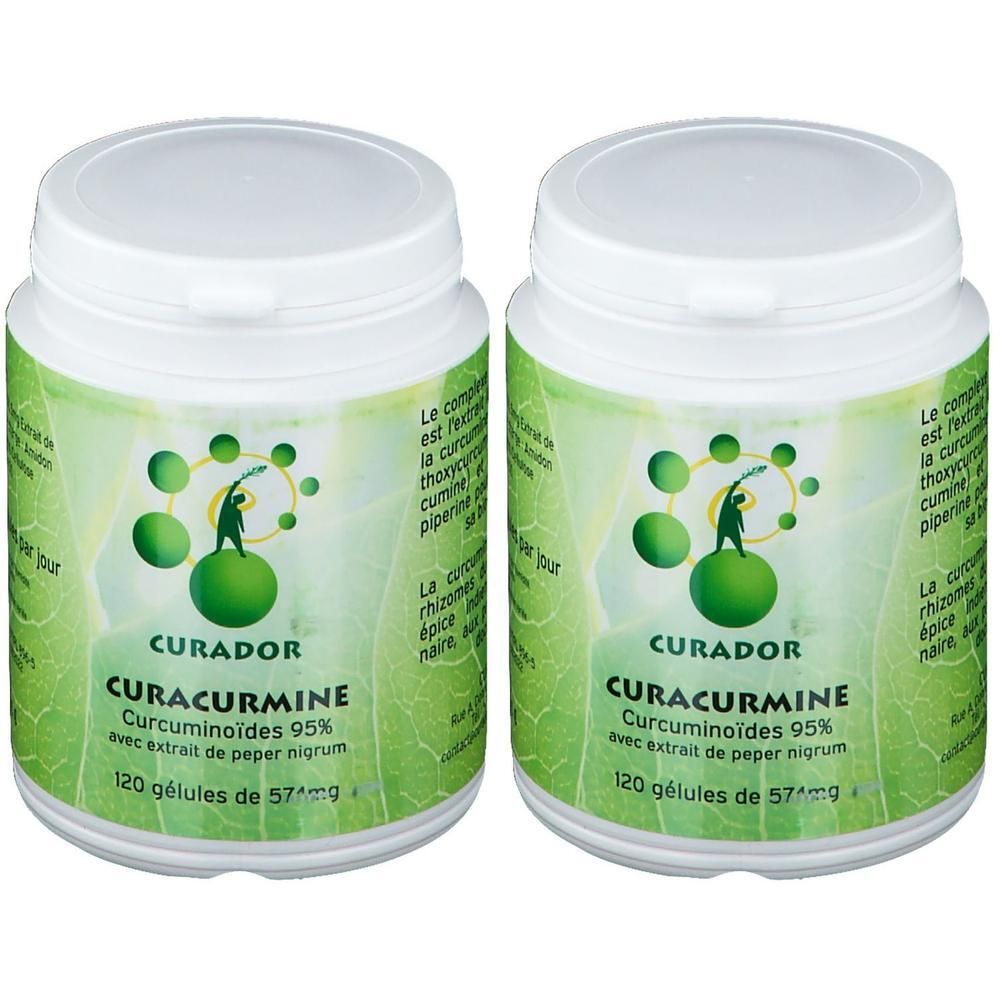 Twee witte potten met deksels. Opschrift: CURACURMINE, Curcuminoïdes 95% met peper extract. 120 capsules.