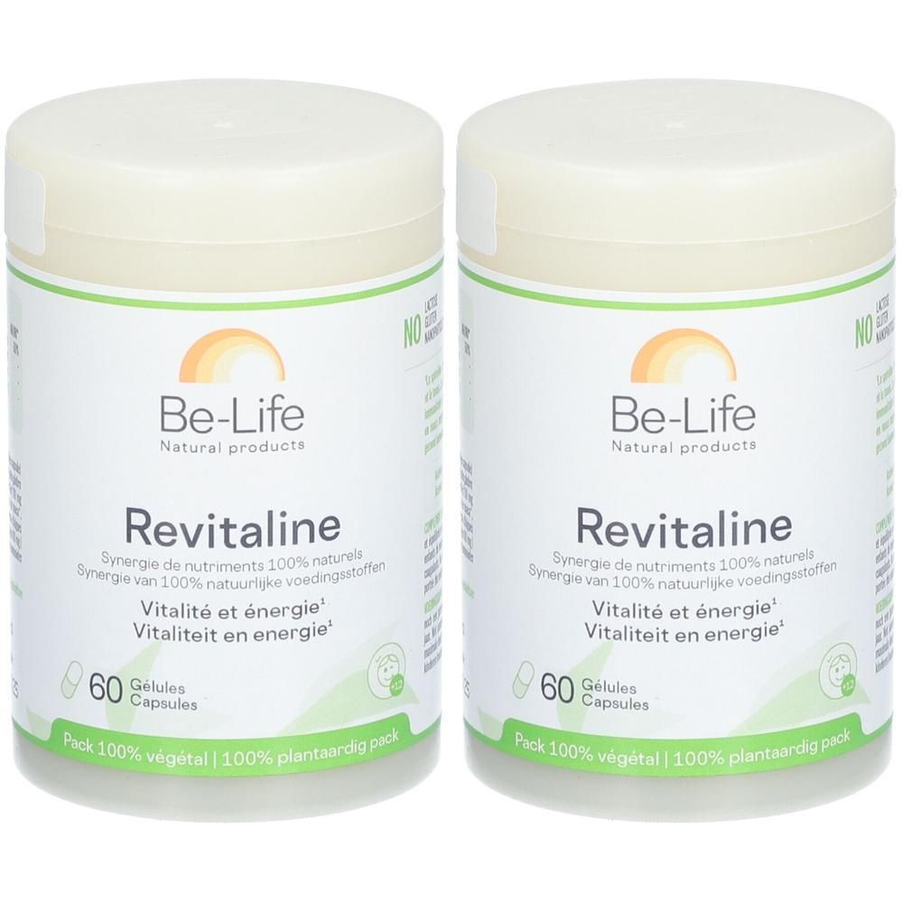 Deux pots crème avec couvercles. Inscription: Be-Life Revitaline. 60 gélules. Pack 100% végétal.