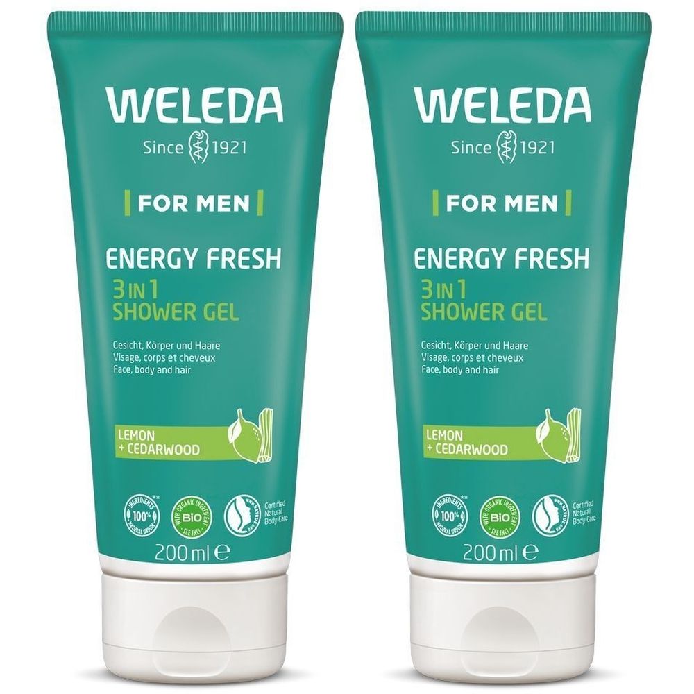 Deux tubes de gel douche verts. Inscription : WELEDA, FOR MEN, ENERGY FRESH 3en1. Avec logo bio et citron-cèdre. 200 ml.