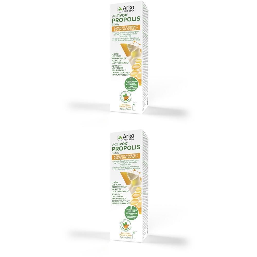 Twee verpakkingen Activox Propolis Spray voor de keel. Witte dozen met productnaam en logo. Groen-gele accenten.