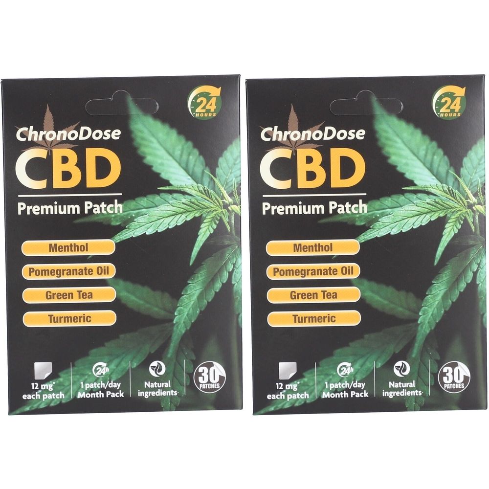 Deux paquets de patchs CBD Premium. Emballage noir avec logo et ingrédients. Contient 30 patchs. Effet 24 heures.