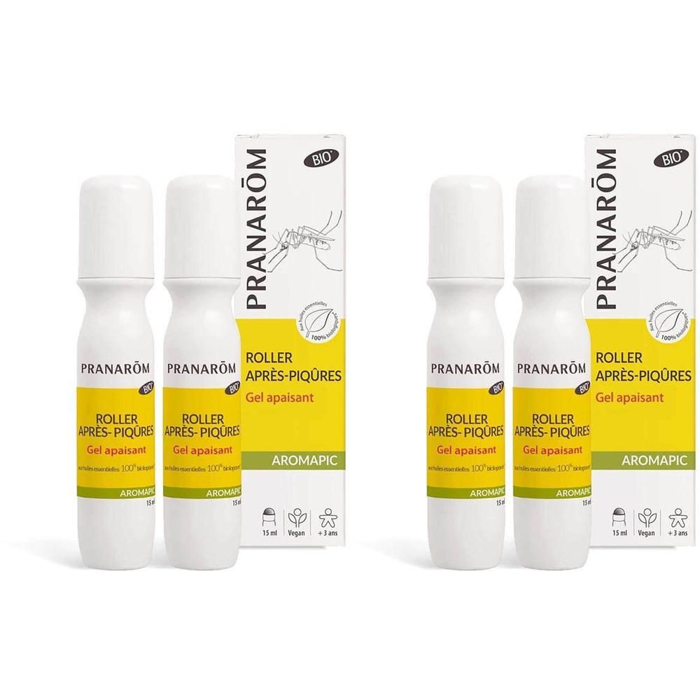 Deux roll-ons et emballages. Inscription: PRANAROM, ROLLER APRÈS-PIQURES, Gel apaisant, AROMAPIC. Certification bio.