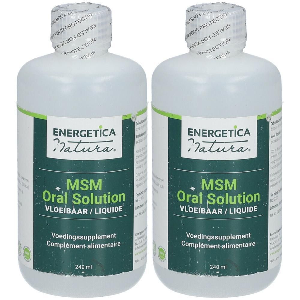 Deux flacons de MSM Oral Solution. Flacons blancs avec étiquettes vertes. Inscription : Energetica Natura, MSM Oral Solution, 240 ml.