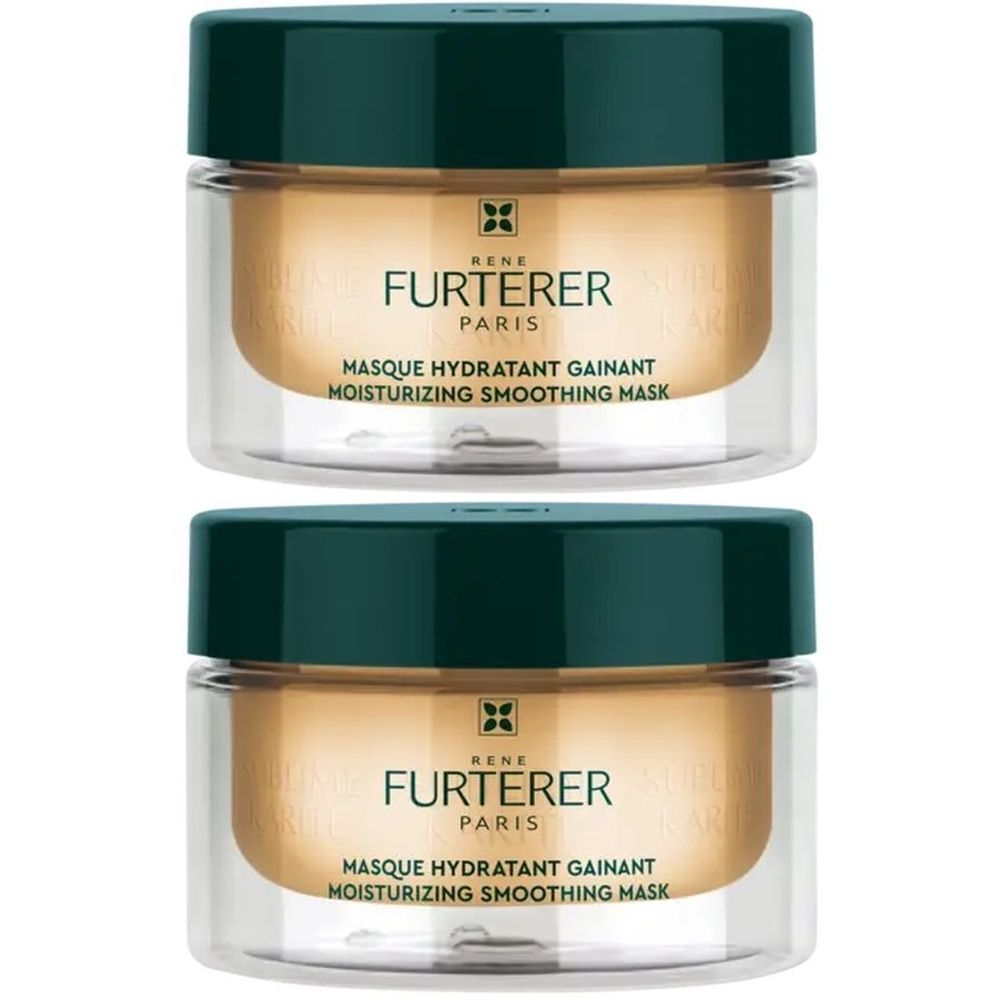 Twee potten met groene deksels. Opschrift: René Furterer Paris, Masque Hydratant Gainant, Moisturizing Smoothing Mask.