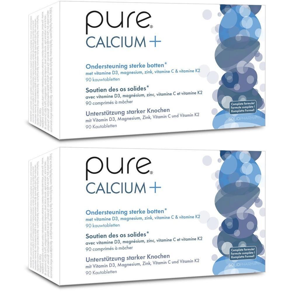 Twee dozen Pure Calcium+ met 90 kauwtabletten. Opschrift: Ondersteuning sterke botten. Blauwe designelementen.