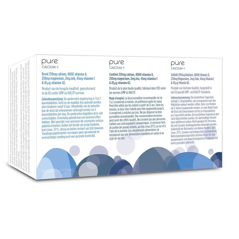 Dos des trois boîtes Pure Calcium+. Informations sur les ingrédients, le dosage et la certification GMP.
